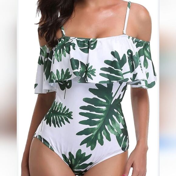 Green Leaf Print Off-Shoulder Swimsuit - Picture 1 of 12